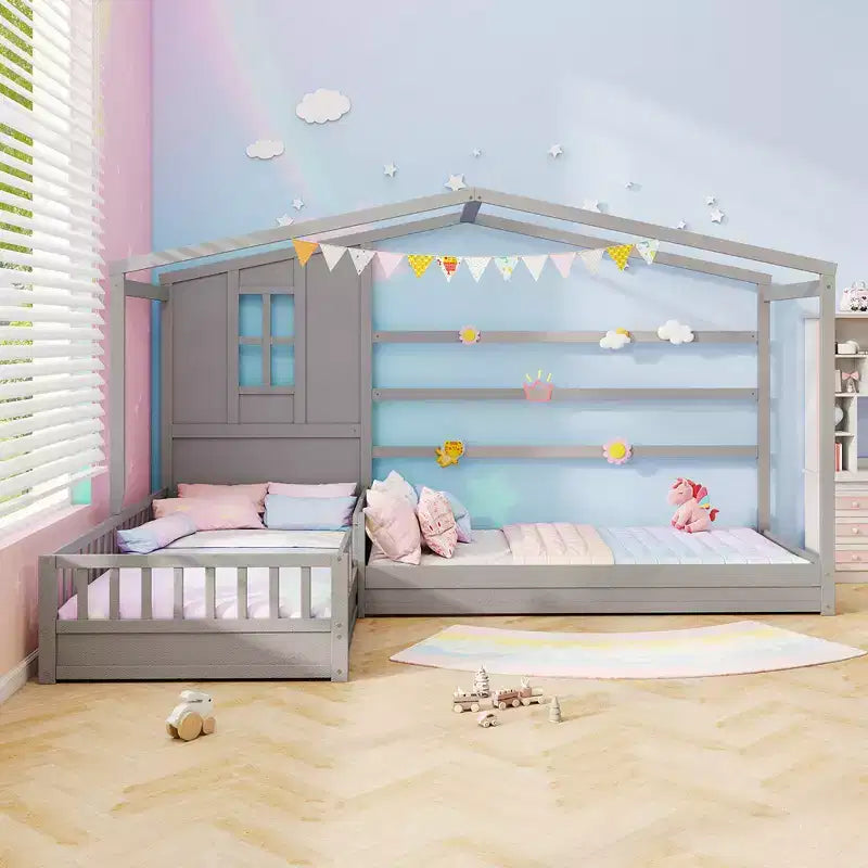 Lits doubles en L pour enfants avec fenêtre et barrières - Gris/Blanc