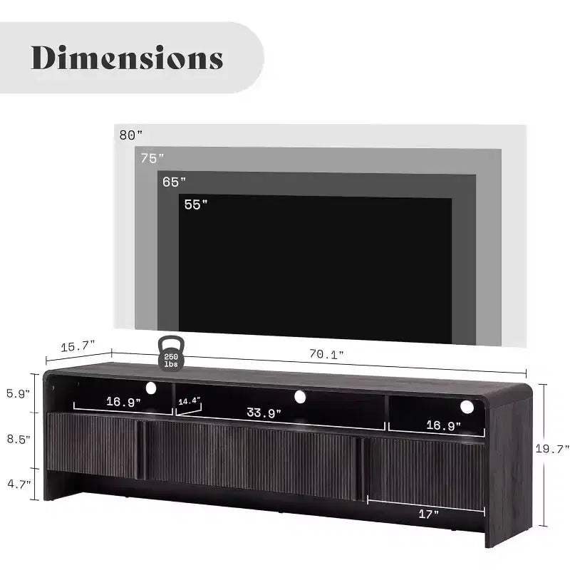 Meuble TV moderne AMERLIFE 70 avec design cannelé et armoires de rangement, pour téléviseurs jusqu'à 80 pouces, meuble TV en bois pour salon
