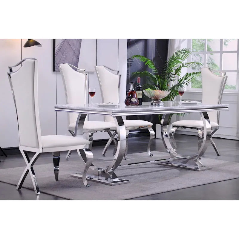 Table à manger de luxe avec piètement circulaire en métal poli - 72 pouces