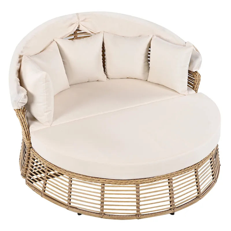 Lit de Repos Rond en Rotin d'Extérieur avec Auvent et Coussins Amovibles