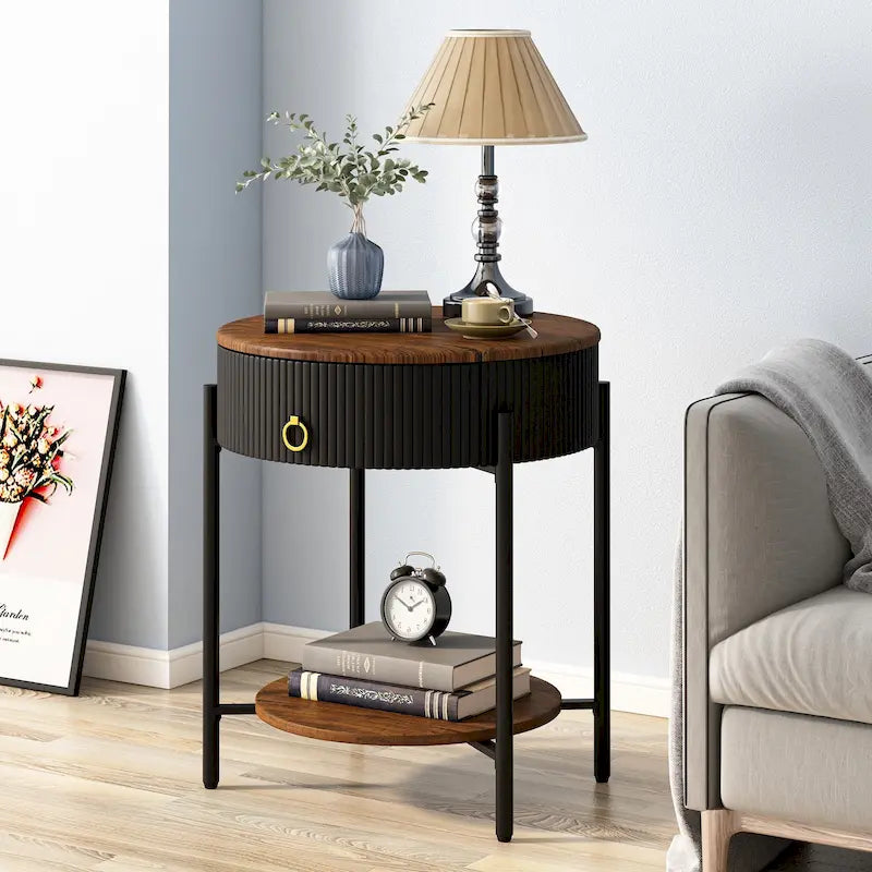 Myhozm Table d'appoint moderne avec tiroir de rangement, table de chevet ronde avec pieds en métal pour salon, chambre, bureau