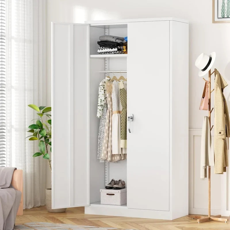 Armoire de rangement en métal verrouillable de 72 po de haut avec tringle de suspension pour garage, salle de sport, bureau à domicile