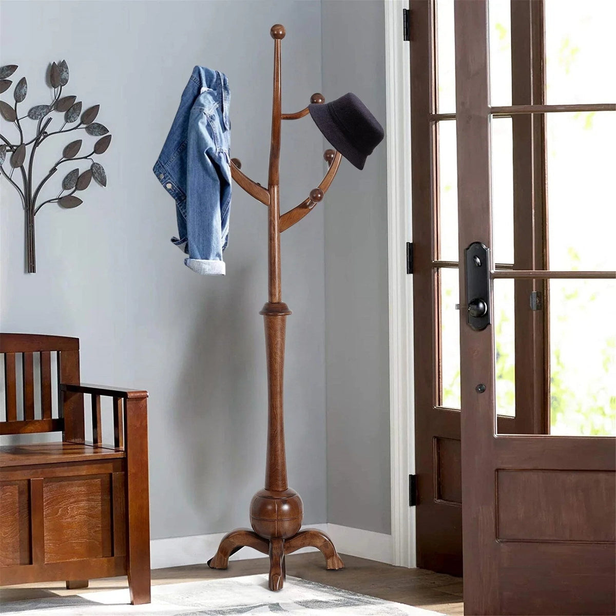 Porte-manteau sur pied en bois d'hévéa forme branche d'arbre avec 8 crochets - 24,5 L x 70,87 H