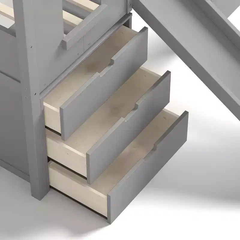 Lit mezzanine simple avec 3 tiroirs et escalier de rangement, structure cabane en bois avec toboggan et bureau amovible