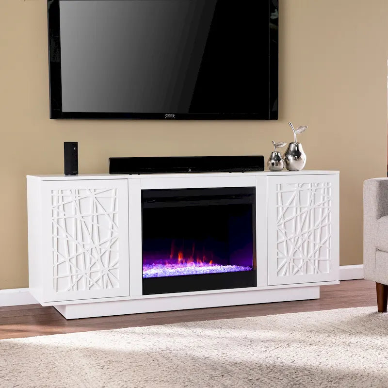 Meuble TV avec cheminée électrique et couleurs changeantes, avec rangement