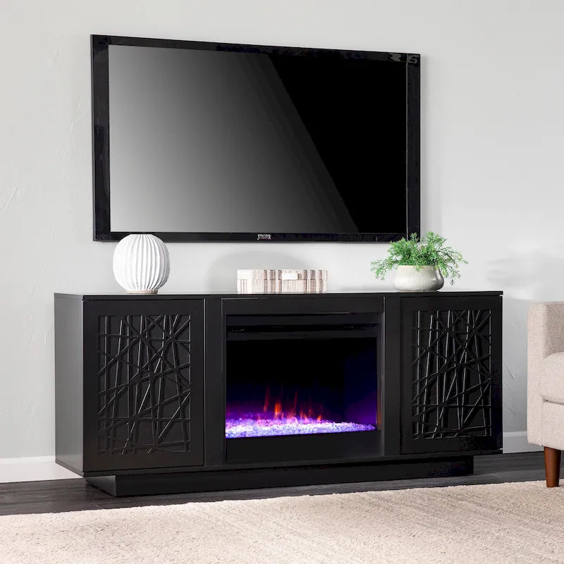 Meuble TV avec cheminée électrique et couleurs changeantes, avec rangement