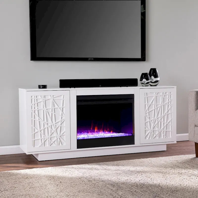 Meuble TV avec cheminée électrique et couleurs changeantes, avec rangement