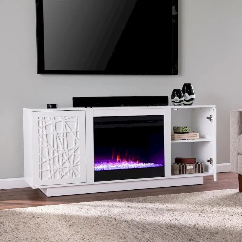 Meuble TV avec cheminée électrique et couleurs changeantes, avec rangement