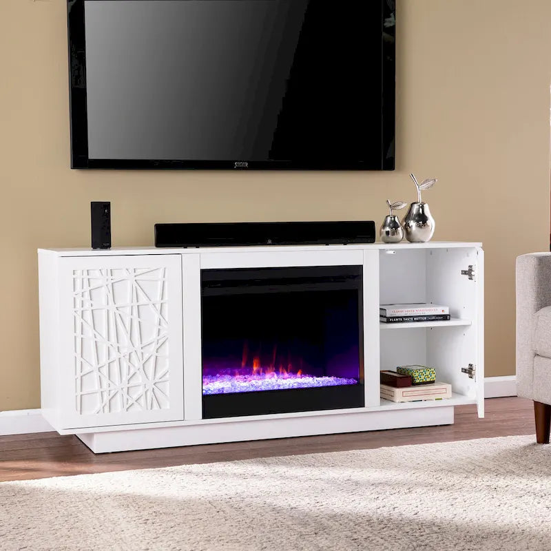 Meuble TV avec cheminée électrique et couleurs changeantes, avec rangement
