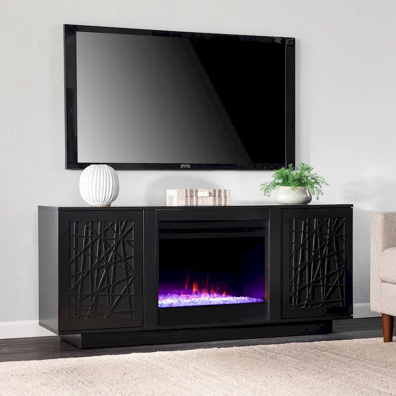 Meuble TV avec cheminée électrique et couleurs changeantes, avec rangement