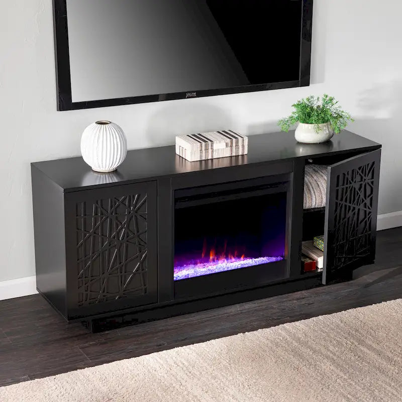 Meuble TV avec cheminée électrique et couleurs changeantes, avec rangement