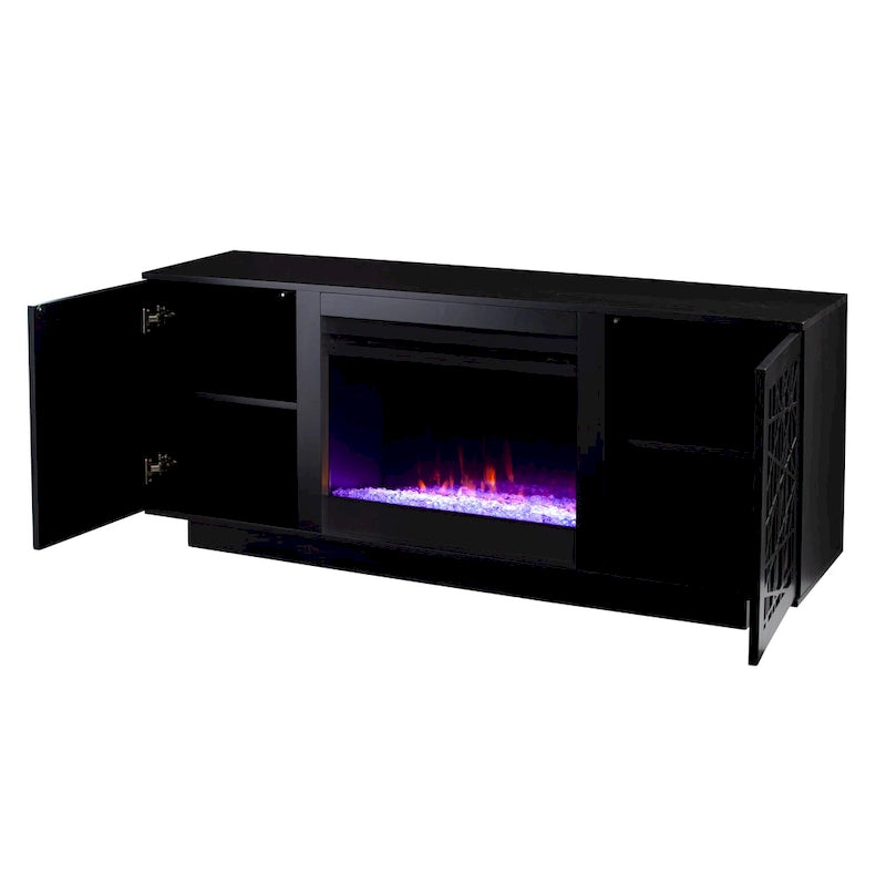 Meuble TV avec cheminée électrique et couleurs changeantes, avec rangement