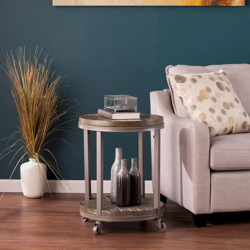 Table d'appoint ronde industrielle rustique de 45 cm avec étagère