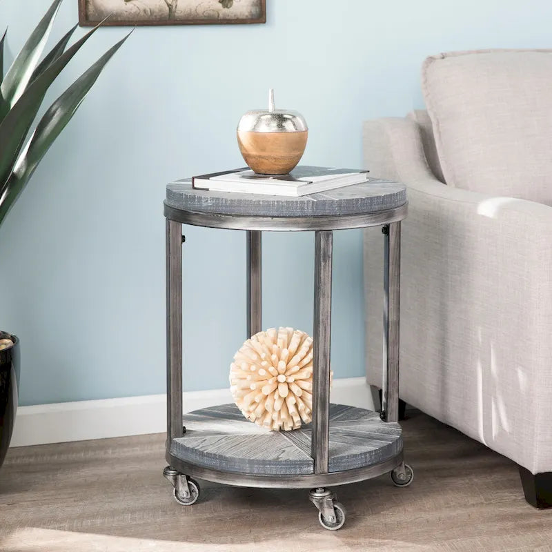 Table d'appoint ronde industrielle rustique de 45 cm avec étagère