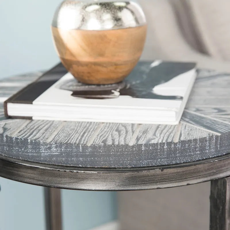 Table d'appoint ronde industrielle rustique de 45 cm avec étagère