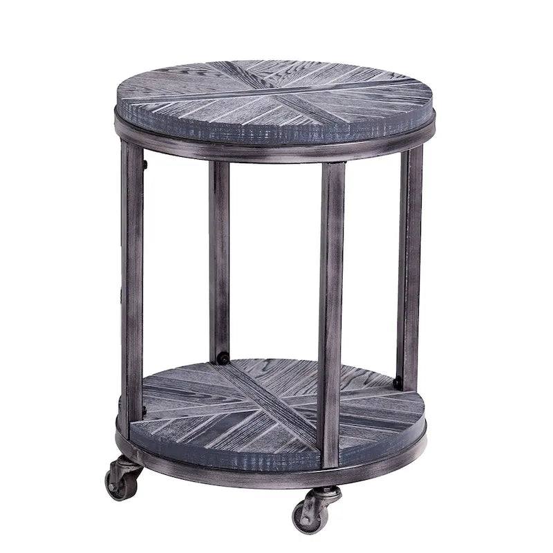 Table d'appoint ronde industrielle rustique de 45 cm avec étagère