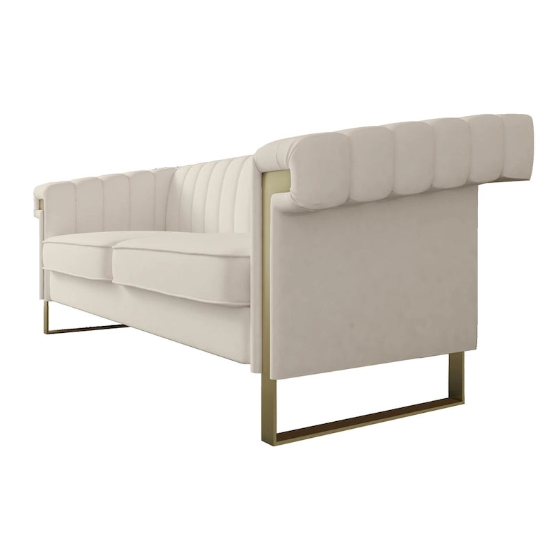 Canapé Chesterfield traditionnel en velours capitonné avec pieds dorés