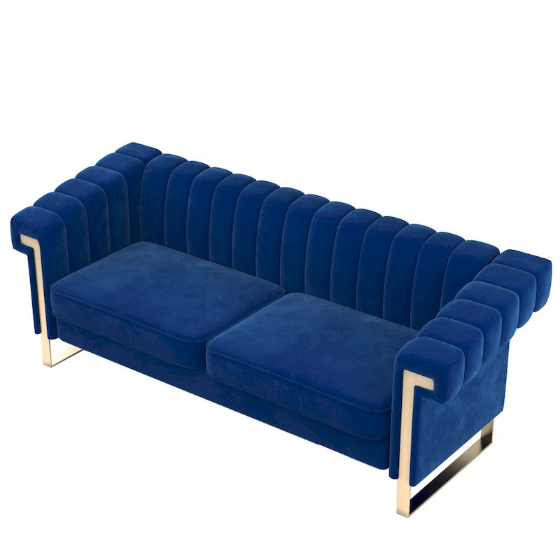 Canapé Chesterfield traditionnel en velours capitonné avec pieds dorés