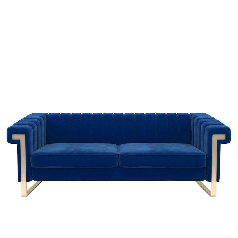 Canapé Chesterfield traditionnel en velours capitonné avec pieds dorés