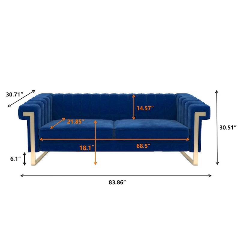 Canapé Chesterfield traditionnel en velours capitonné avec pieds dorés