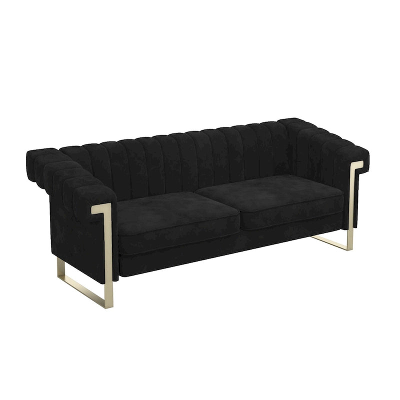 Canapé Chesterfield traditionnel en velours capitonné avec pieds dorés