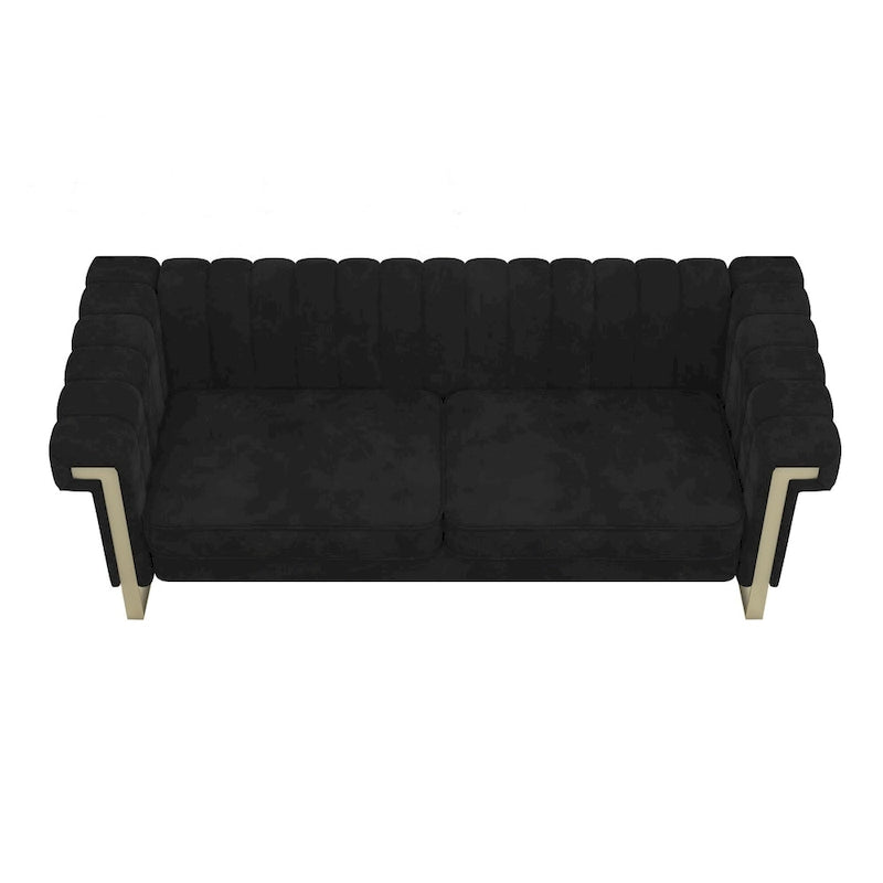 Canapé Chesterfield traditionnel en velours capitonné avec pieds dorés