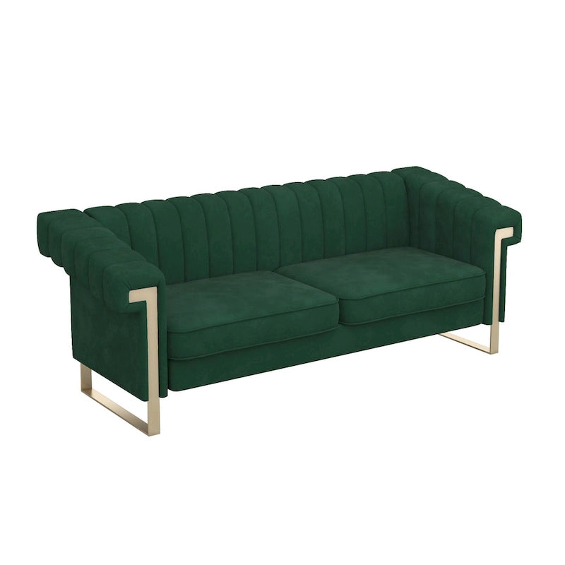 Canapé Chesterfield traditionnel en velours capitonné avec pieds dorés