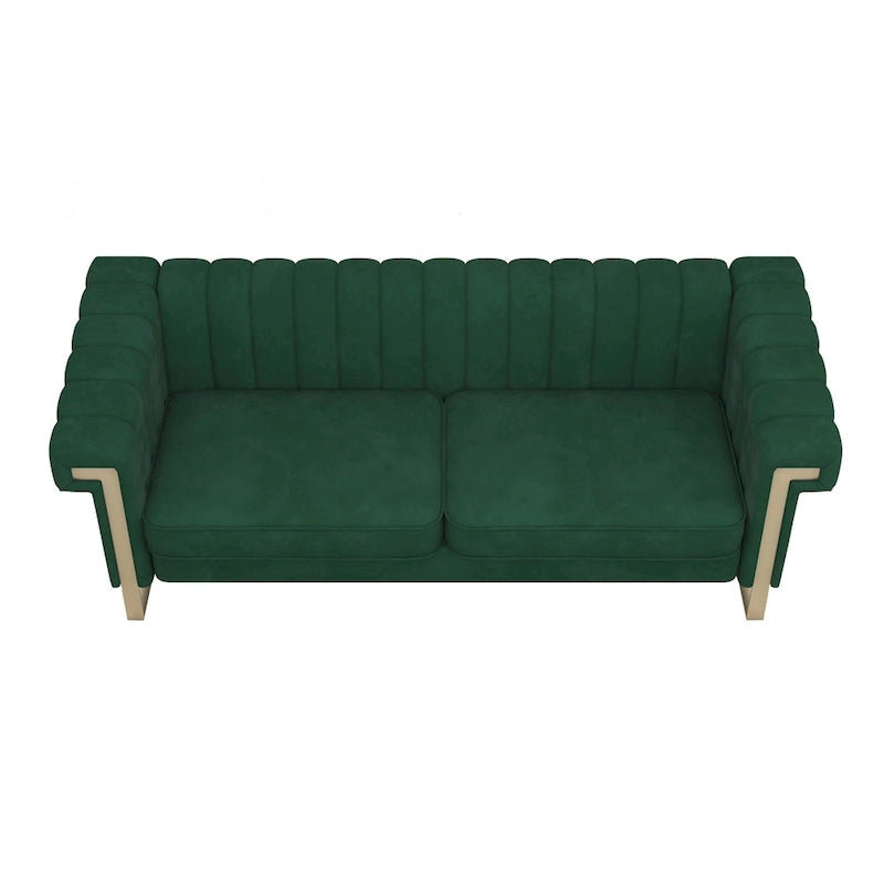 Canapé Chesterfield traditionnel en velours capitonné avec pieds dorés