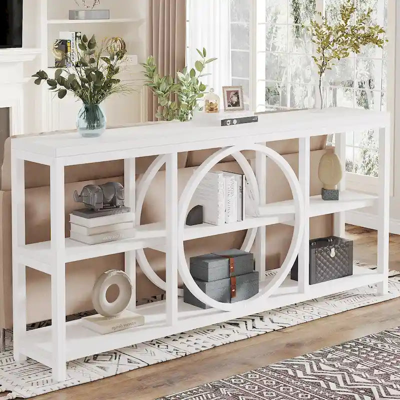 Console de canapé de 70,9 pouces avec 3 étagères de rangement en bois et cadre métallique industriel pour foyer, couloir, salon, derrière le canapé