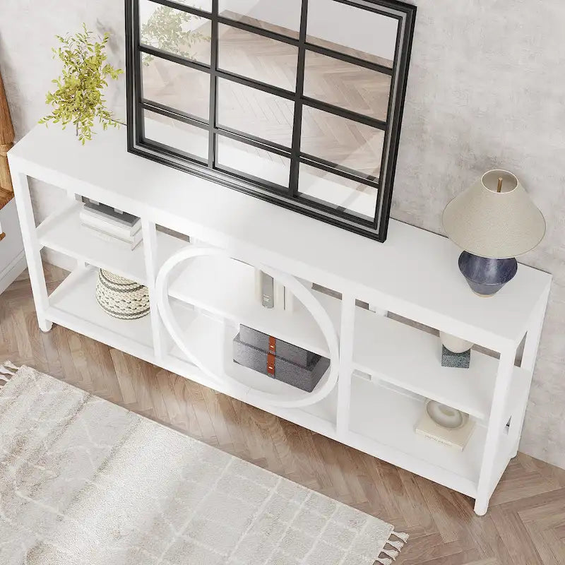 Console de canapé de 70,9 pouces avec 3 étagères de rangement en bois et cadre métallique industriel pour foyer, couloir, salon, derrière le canapé