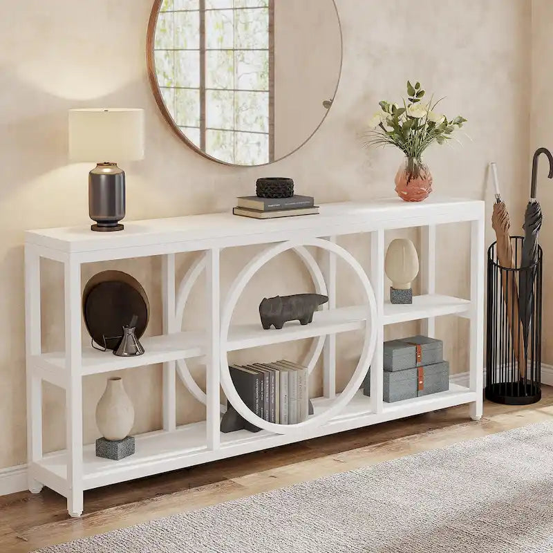 Console de canapé de 70,9 pouces avec 3 étagères de rangement en bois et cadre métallique industriel pour foyer, couloir, salon, derrière le canapé