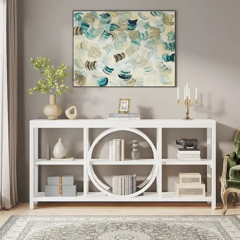 Console de canapé de 70,9 pouces avec 3 étagères de rangement en bois et cadre métallique industriel pour foyer, couloir, salon, derrière le canapé