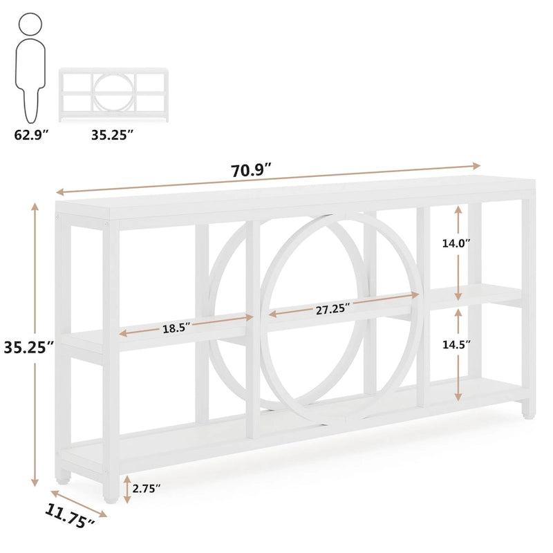 Console de canapé de 70,9 pouces avec 3 étagères de rangement en bois et cadre métallique industriel pour foyer, couloir, salon, derrière le canapé