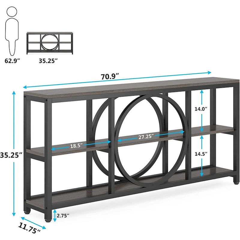 Console de canapé de 70,9 pouces avec 3 étagères de rangement en bois et cadre métallique industriel pour foyer, couloir, salon, derrière le canapé