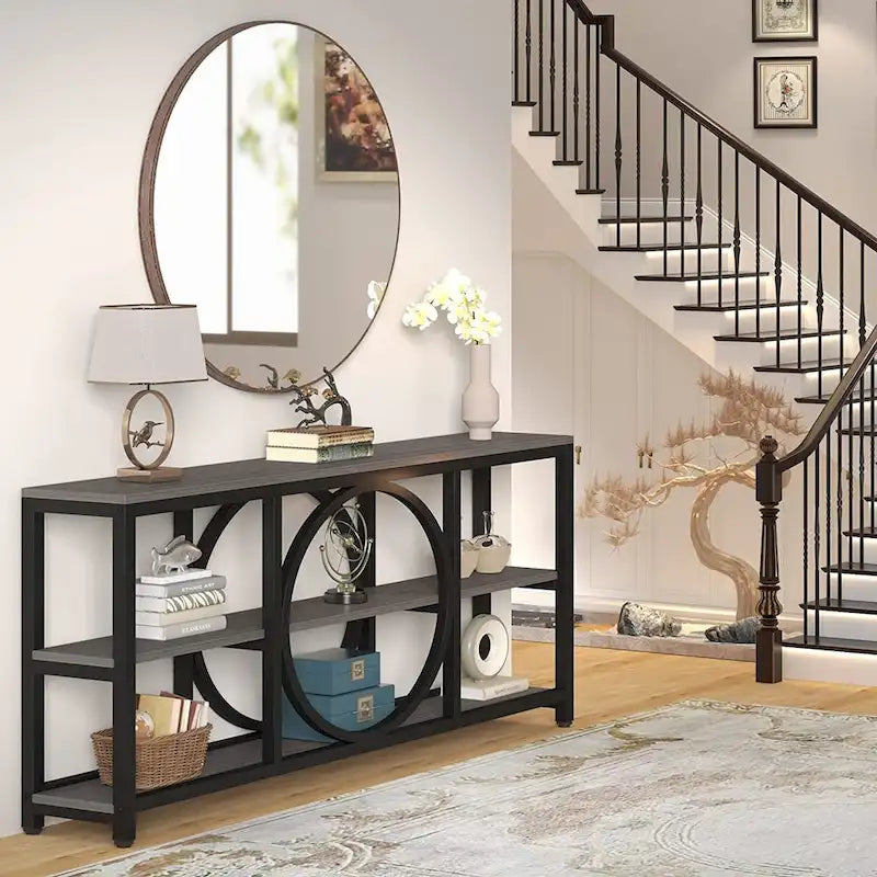 Console de canapé de 70,9 pouces avec 3 étagères de rangement en bois et cadre métallique industriel pour foyer, couloir, salon, derrière le canapé