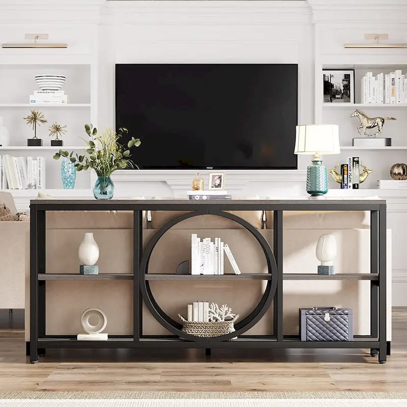Console de canapé de 70,9 pouces avec 3 étagères de rangement en bois et cadre métallique industriel pour foyer, couloir, salon, derrière le canapé