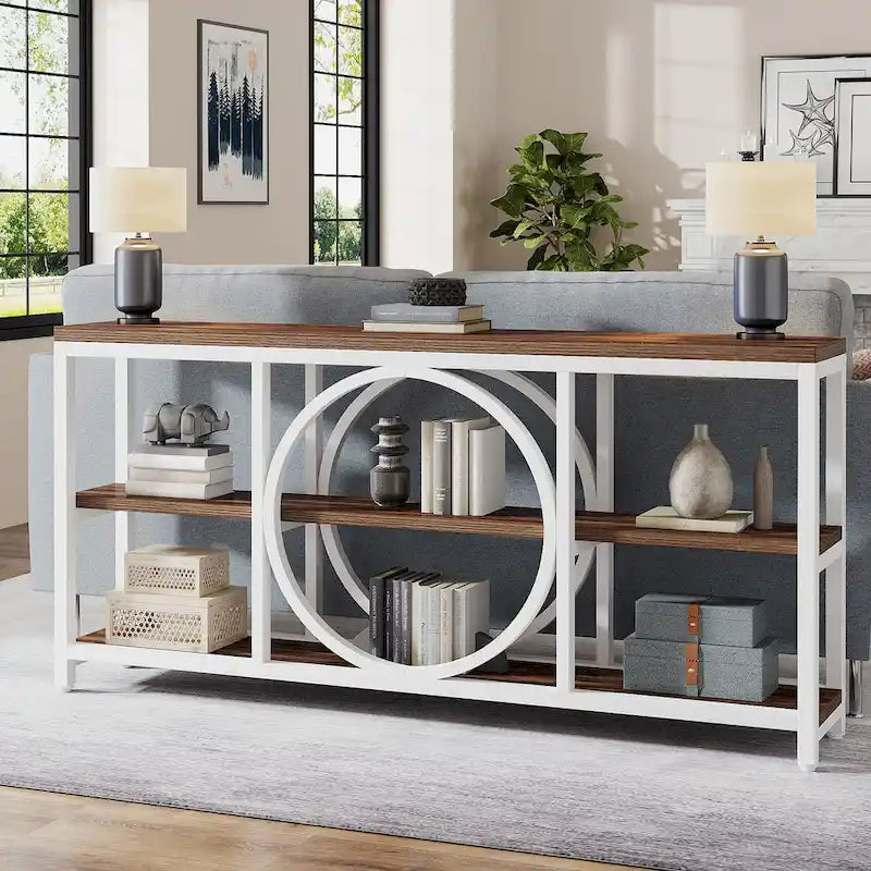 Console de canapé de 70,9 pouces avec 3 étagères de rangement en bois et cadre métallique industriel pour foyer, couloir, salon, derrière le canapé