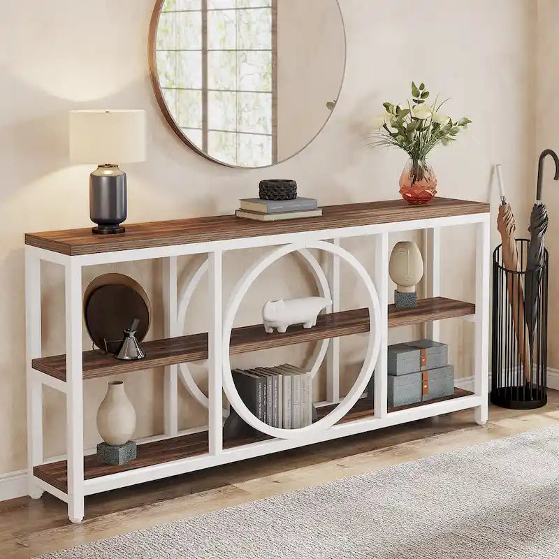 Console de canapé de 70,9 pouces avec 3 étagères de rangement en bois et cadre métallique industriel pour foyer, couloir, salon, derrière le canapé