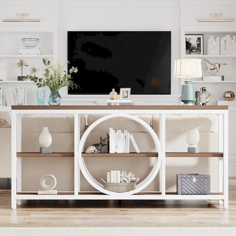 Console de canapé de 70,9 pouces avec 3 étagères de rangement en bois et cadre métallique industriel pour foyer, couloir, salon, derrière le canapé