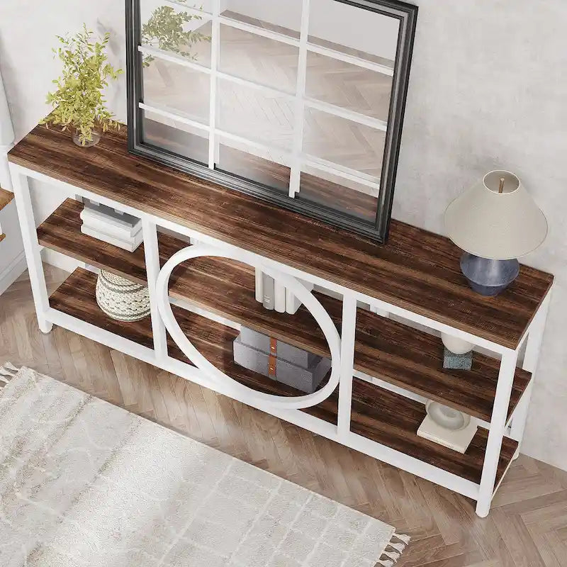 Console de canapé de 70,9 pouces avec 3 étagères de rangement en bois et cadre métallique industriel pour foyer, couloir, salon, derrière le canapé