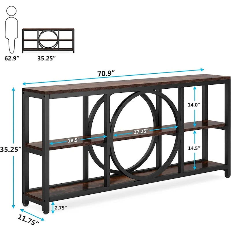 Console de canapé de 70,9 pouces avec 3 étagères de rangement en bois et cadre métallique industriel pour foyer, couloir, salon, derrière le canapé