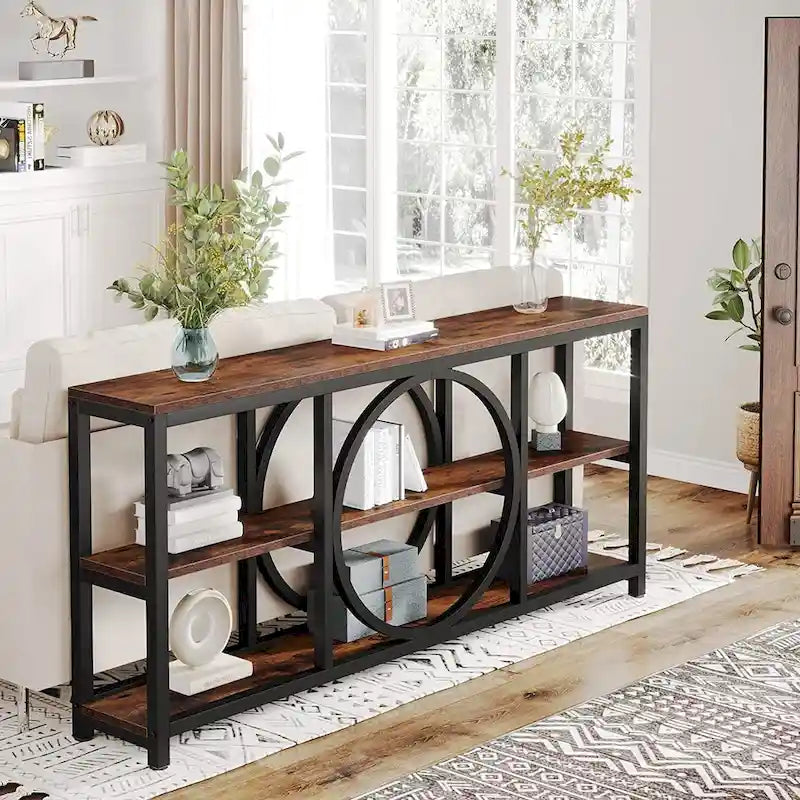 Console de canapé de 70,9 pouces avec 3 étagères de rangement en bois et cadre métallique industriel pour foyer, couloir, salon, derrière le canapé