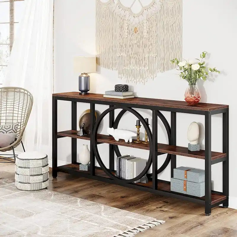Console de canapé de 70,9 pouces avec 3 étagères de rangement en bois et cadre métallique industriel pour foyer, couloir, salon, derrière le canapé