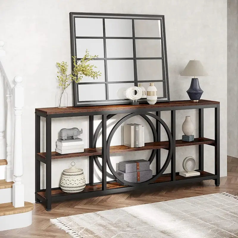 Console de canapé de 70,9 pouces avec 3 étagères de rangement en bois et cadre métallique industriel pour foyer, couloir, salon, derrière le canapé