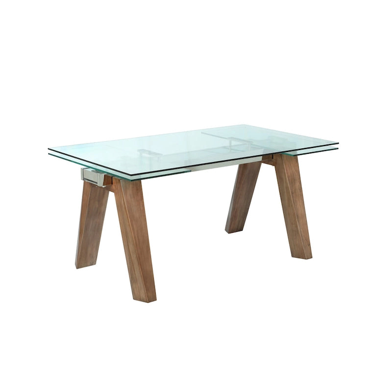Table à manger extensible avec plateau en verre et pieds en bois massif