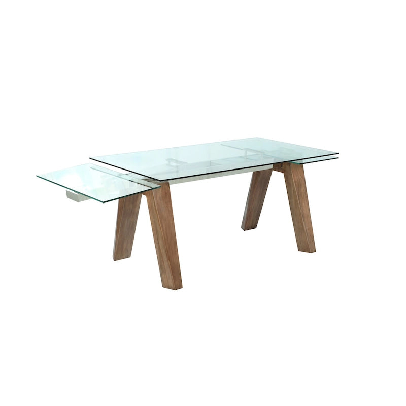 Table à manger extensible avec plateau en verre et pieds en bois massif