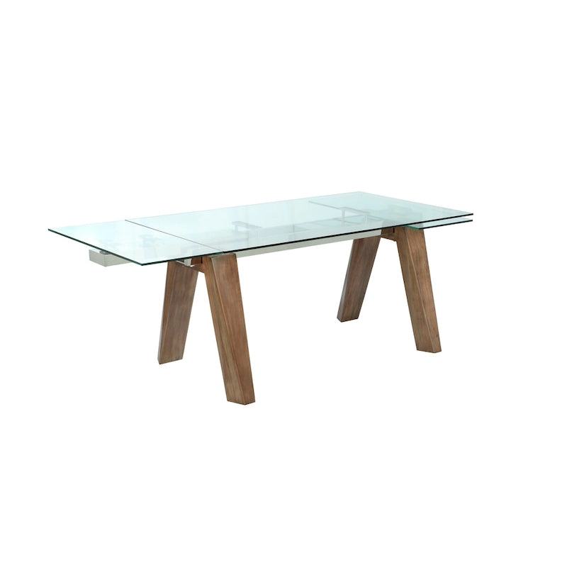 Table à manger extensible avec plateau en verre et pieds en bois massif