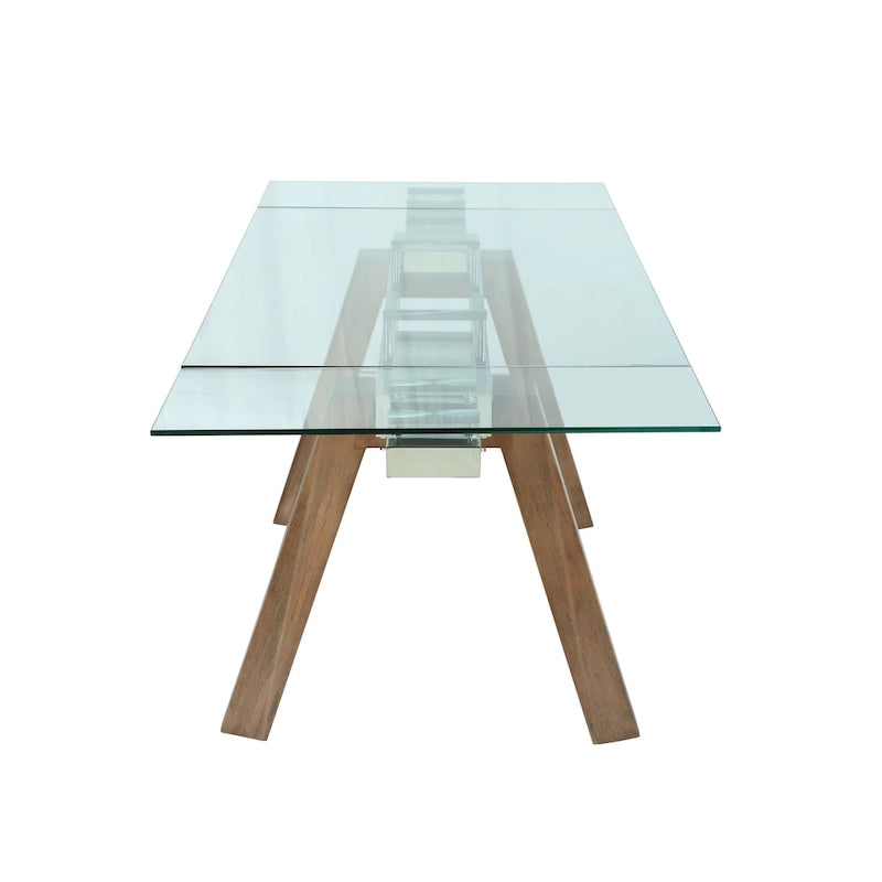 Table à manger extensible avec plateau en verre et pieds en bois massif