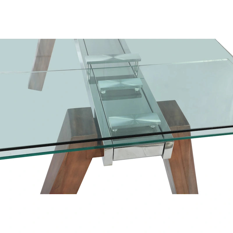 Table à manger extensible avec plateau en verre et pieds en bois massif