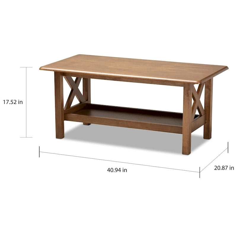 Table basse en bois massif noyer avec étagère inférieure